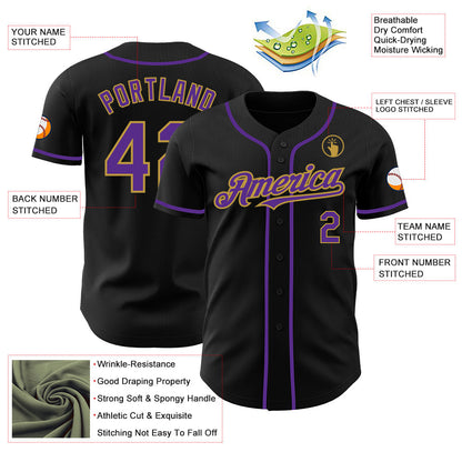 Custom Black Purple-Old Gold Authentic Baseball Jersey - Sky-Custom
