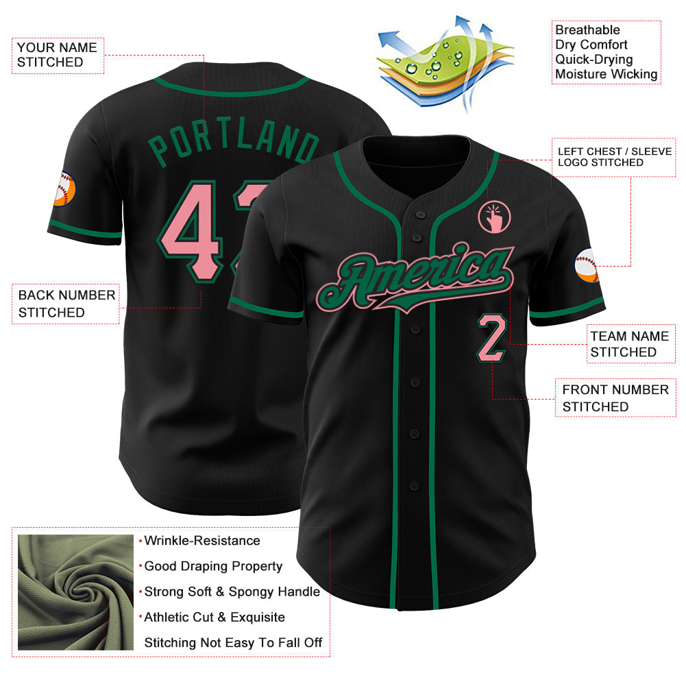 Custom Black Medium Pink-Kelly Green Authentic Baseball Jersey - Sky-Custom