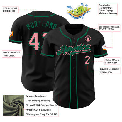 Custom Black Medium Pink-Kelly Green Authentic Baseball Jersey - Sky-Custom