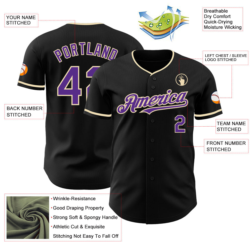 Custom Black Purple-Cream Authentic Baseball Jersey - Sky-Custom