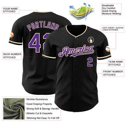 Custom Black Purple-Cream Authentic Baseball Jersey - Sky-Custom