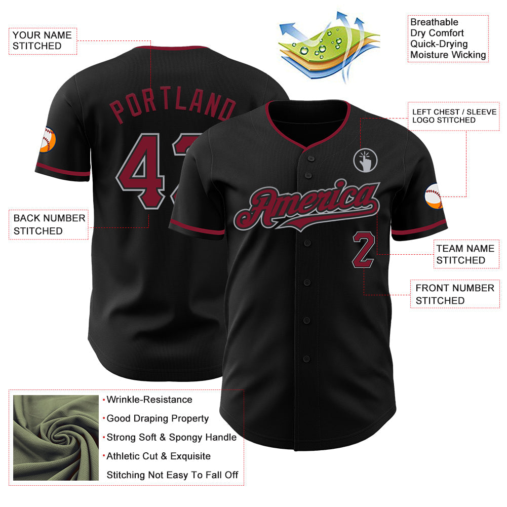 Custom Black Crimson-Gray Authentic Baseball Jersey - Sky-Custom