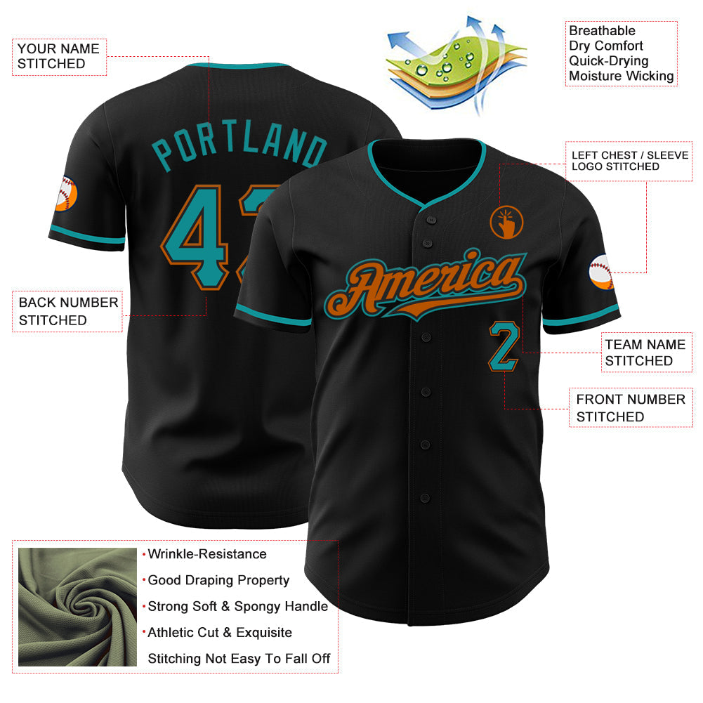 Custom Black Teal-Texas Orange Authentic Baseball Jersey - Sky-Custom