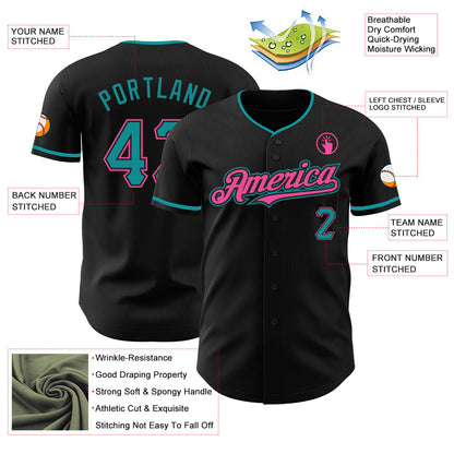 Custom Black Teal-Pink Authentic Baseball Jersey - Sky-Custom