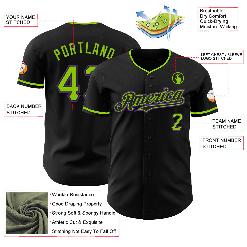 Custom Black Neon Green-Purple Authentic Baseball Jersey - Sky-Custom
