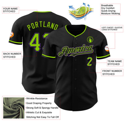 Custom Black Neon Green-Purple Authentic Baseball Jersey - Sky-Custom