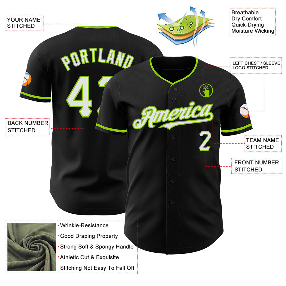 Custom Black White-Neon Green Authentic Baseball Jersey - Sky-Custom