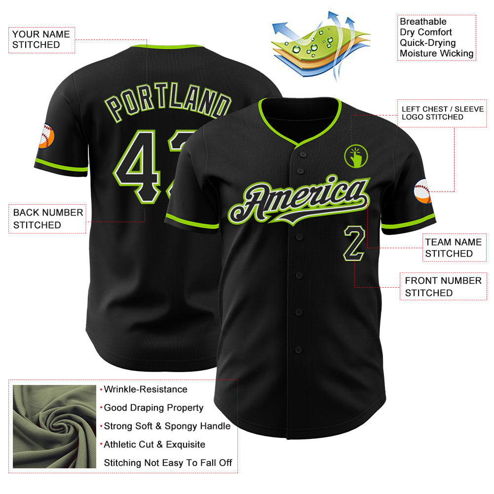 Custom Black White-Neon Green Authentic Baseball Jersey - Sky-Custom