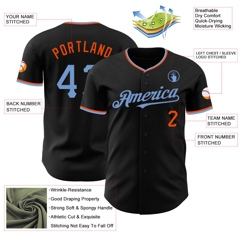Custom Black Powder Blue-Orange Authentic Baseball Jersey - Sky-Custom