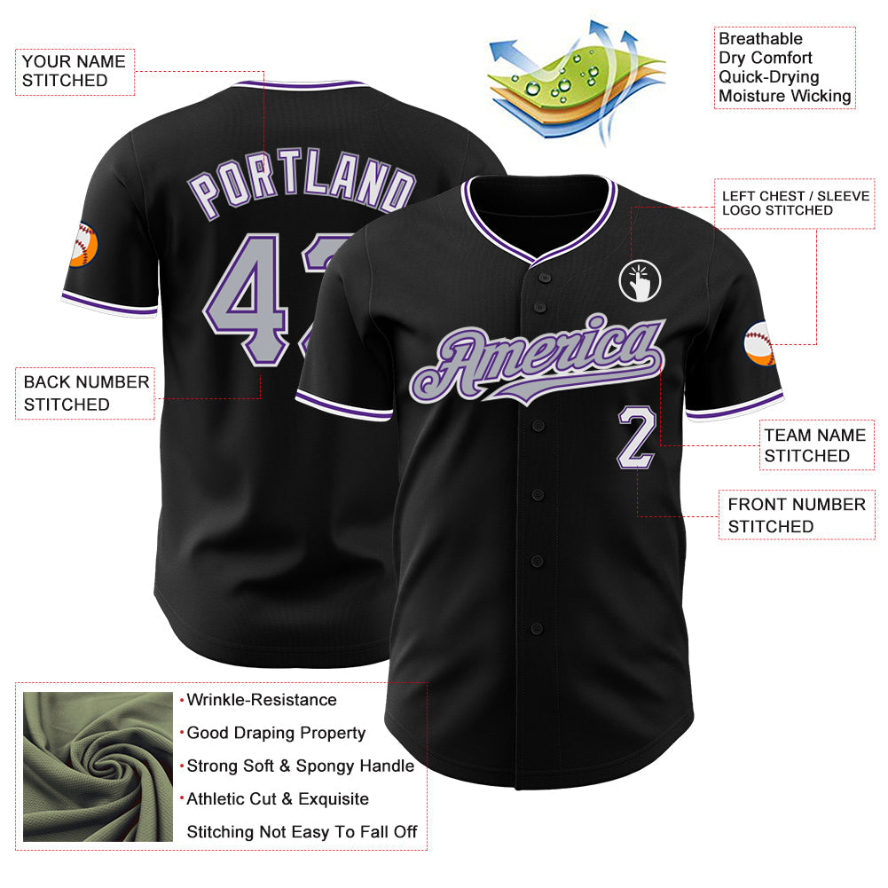 Custom Black Gray Purple-White Authentic Baseball Jersey - Sky-Custom