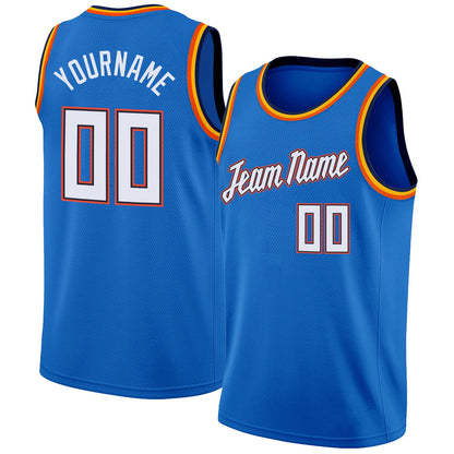 Custom Blue White-Orange Round Neck Rib-Knit Basketball Jersey - Sky-Custom