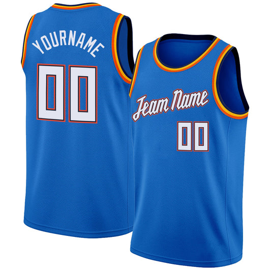 Custom Blue White-Orange Round Neck Rib-Knit Basketball Jersey - Sky-Custom