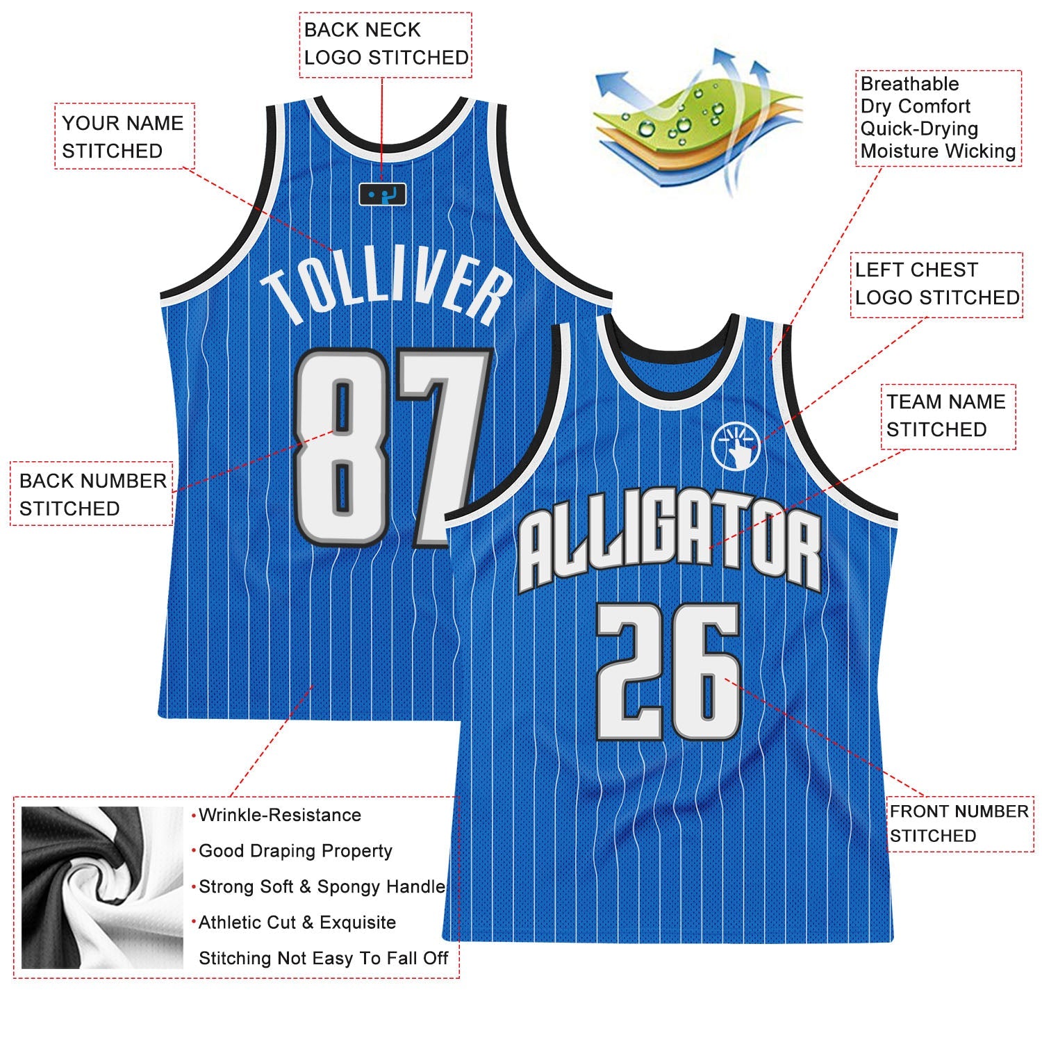 Custom Blue White Pinstripe White-Black Authentic Basketball Jersey - Sky-Custom