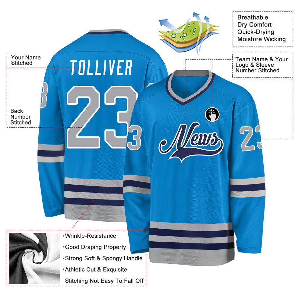 Custom Blue Gray-Navy Hockey Jersey - Sky-Custom