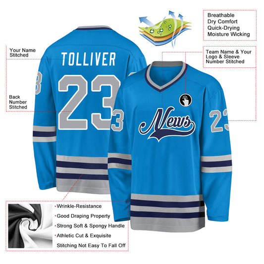 Custom Blue Gray-Navy Hockey Jersey - Sky-Custom