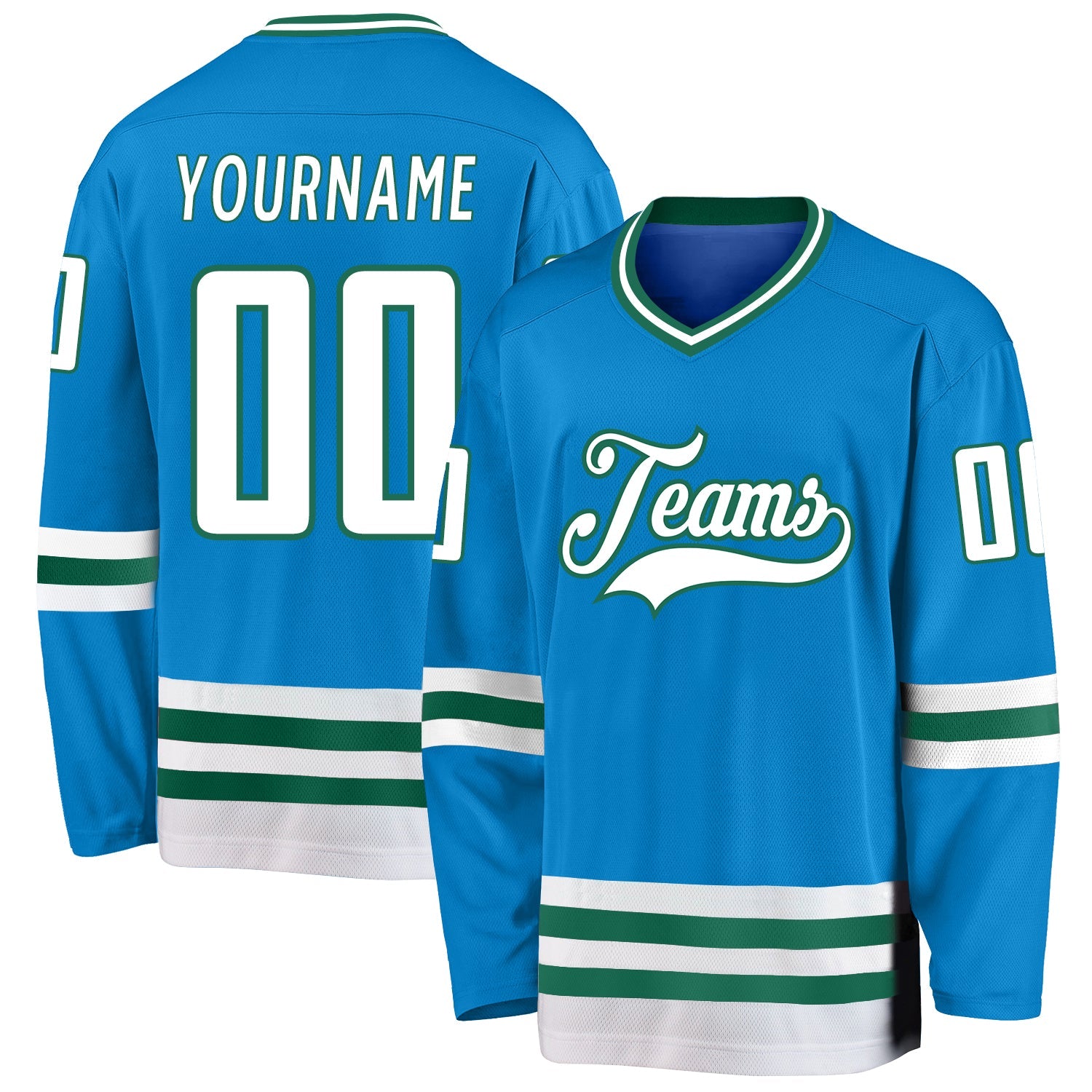 Custom Blue White-Kelly Green Hockey Jersey - Sky-Custom