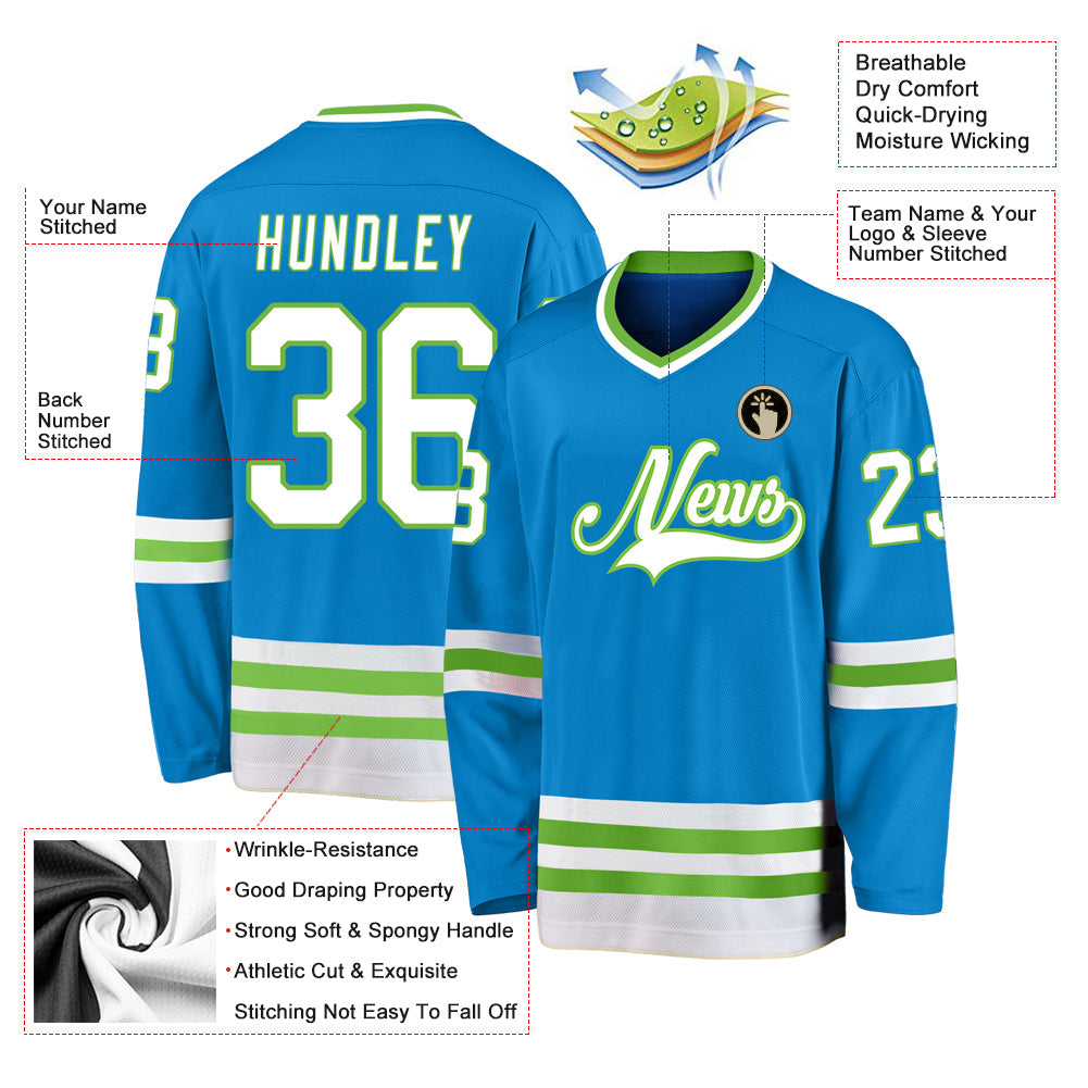 Custom Blue White-Neon Green Hockey Jersey - Sky-Custom