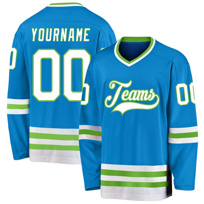 Custom Blue White-Neon Green Hockey Jersey - Sky-Custom