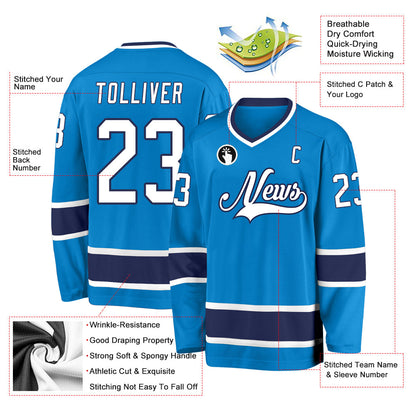 Custom Blue White-Navy Hockey Jersey - Sky-Custom