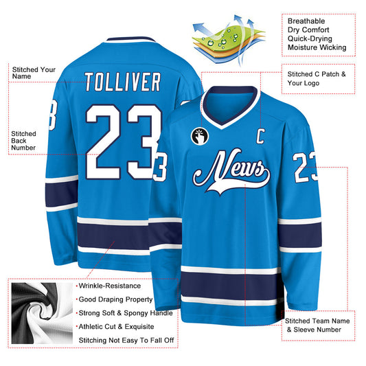 Custom Blue White-Navy Hockey Jersey - Sky-Custom