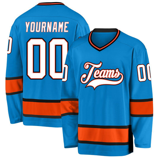 Custom Blue White-Orange Hockey Jersey - Sky-Custom