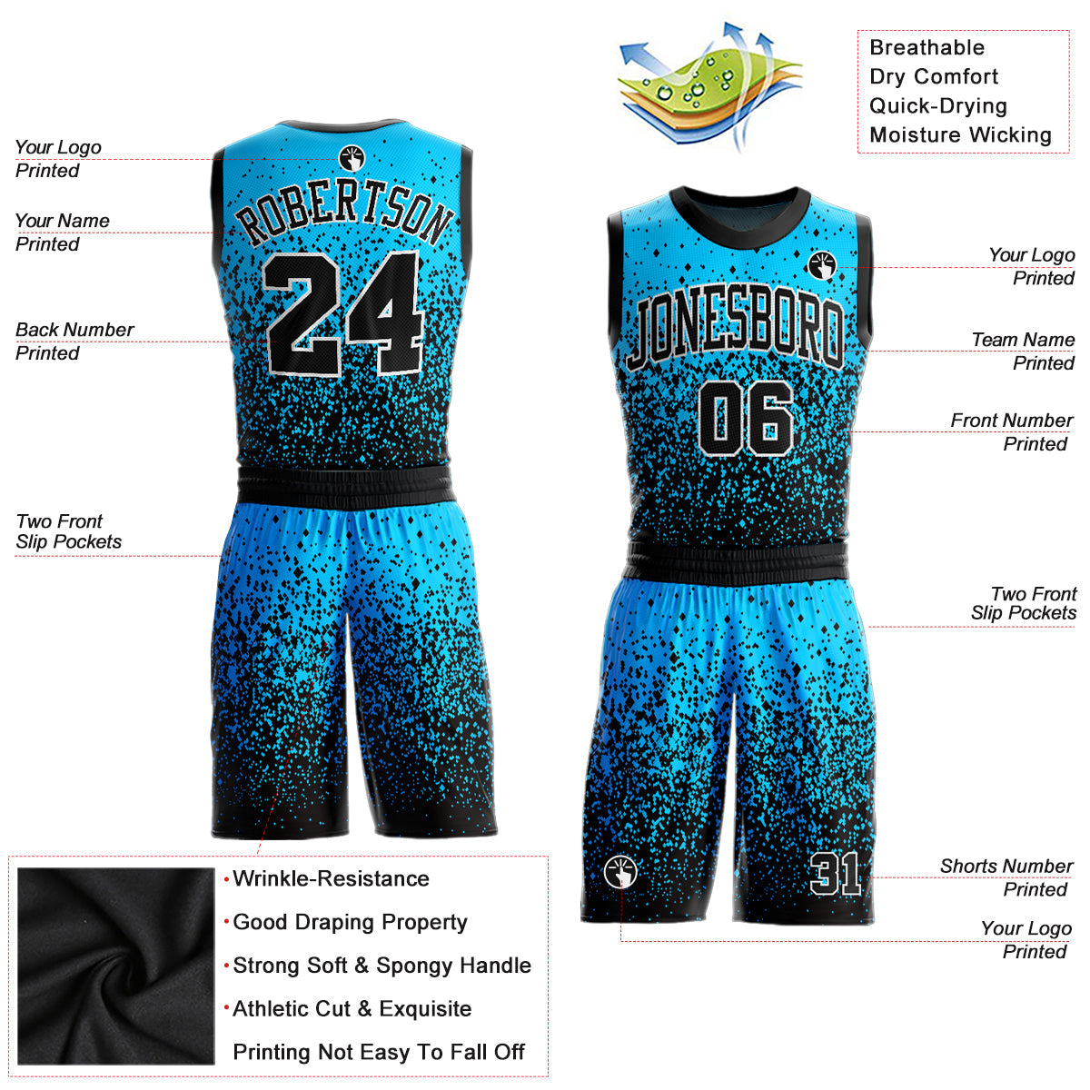Custom Blue Black-White Round Neck Sublimation Basketball Suit Jersey - Sky-Custom