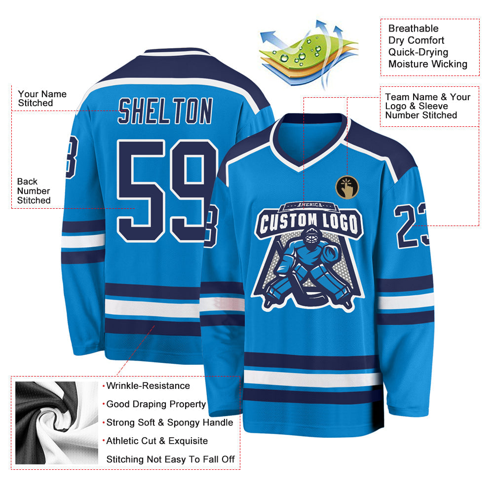 Custom Blue Navy-White Hockey Jersey - Sky-Custom