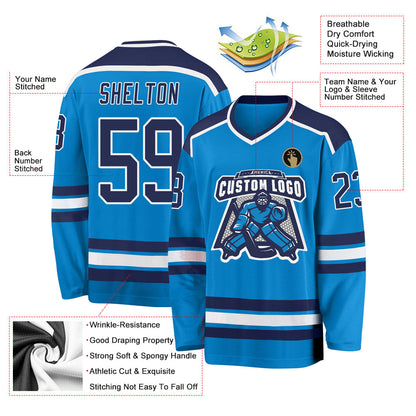 Custom Blue Navy-White Hockey Jersey - Sky-Custom