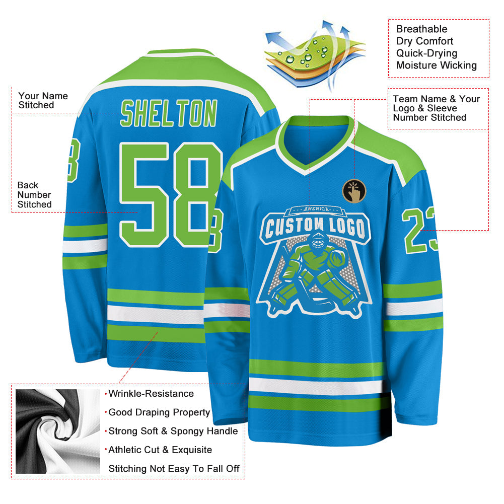 Custom Blue Neon Green-White Hockey Jersey - Sky-Custom