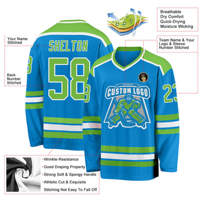 Custom Blue Neon Green-White Hockey Jersey - Sky-Custom