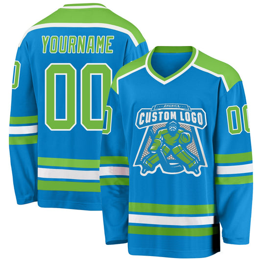 Custom Blue Neon Green-White Hockey Jersey - Sky-Custom