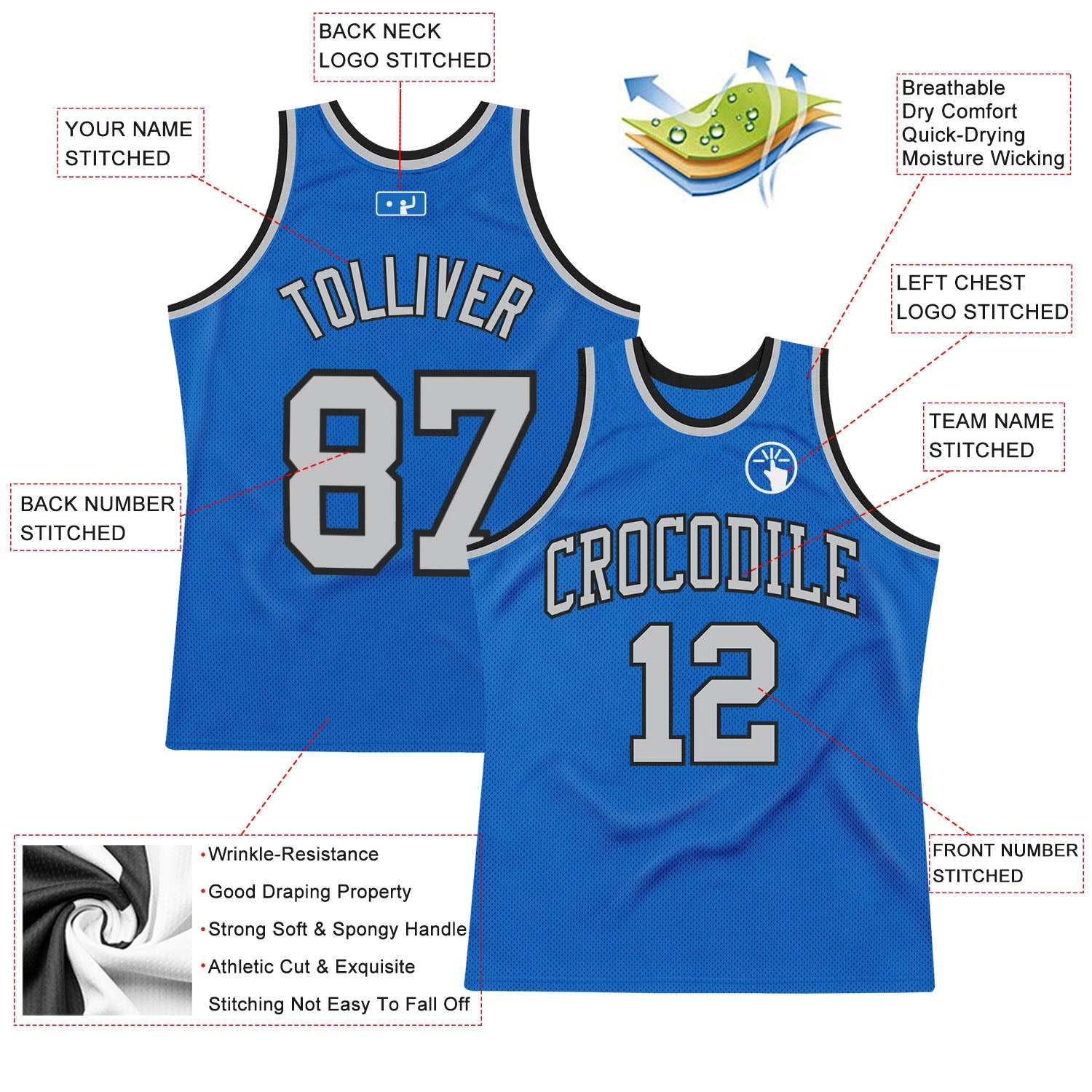 Custom Blue Gray-Black Authentic Throwback Basketball Jersey - Sky-Custom