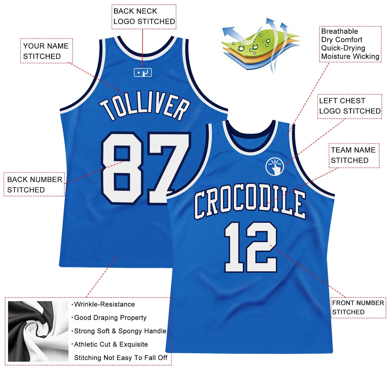 Custom Blue White-Navy Authentic Throwback Basketball Jersey - Sky-Custom