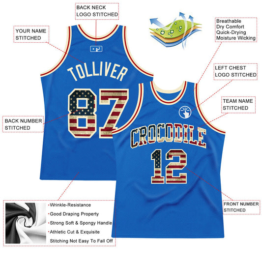 Custom Blue Vintage USA Flag-Cream Authentic Throwback Basketball Jersey - Sky-Custom