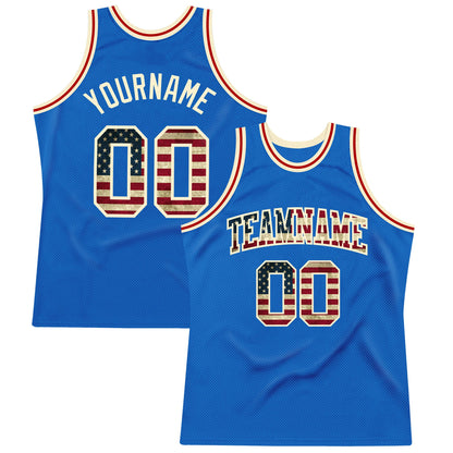 Custom Blue Vintage USA Flag-Cream Authentic Throwback Basketball Jersey - Sky-Custom