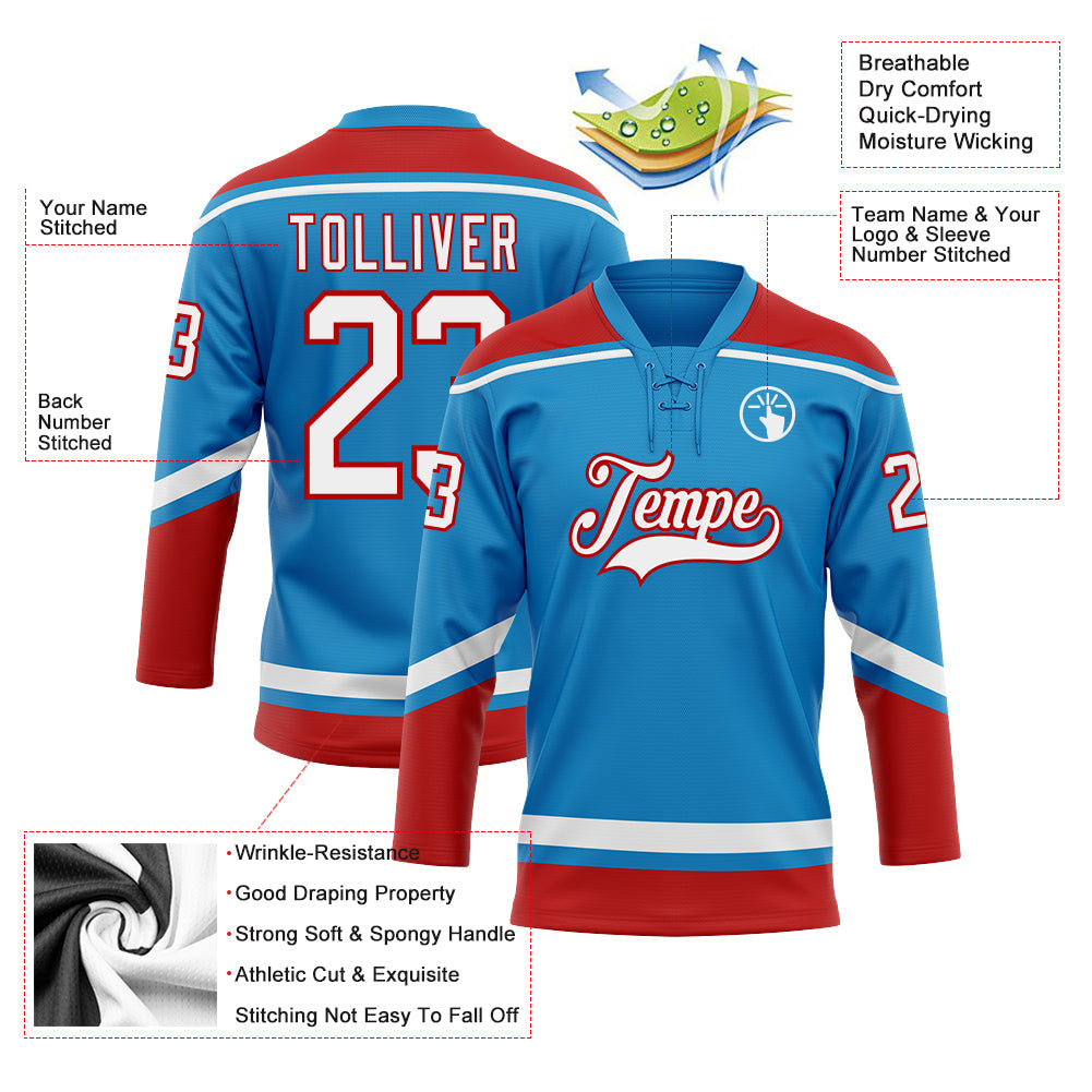 Custom Blue White-Red Hockey Lace Neck Jersey - Sky-Custom