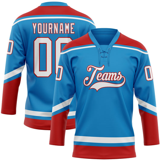 Custom Blue White-Red Hockey Lace Neck Jersey - Sky-Custom
