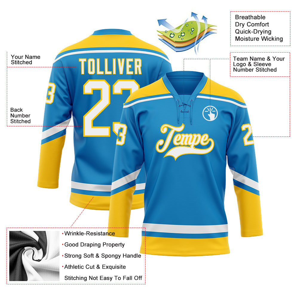 Custom Blue White-Yellow Hockey Lace Neck Jersey - Sky-Custom