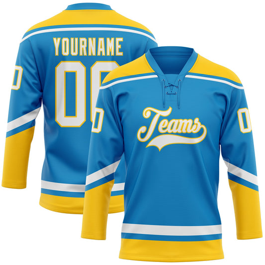 Custom Blue White-Yellow Hockey Lace Neck Jersey - Sky-Custom
