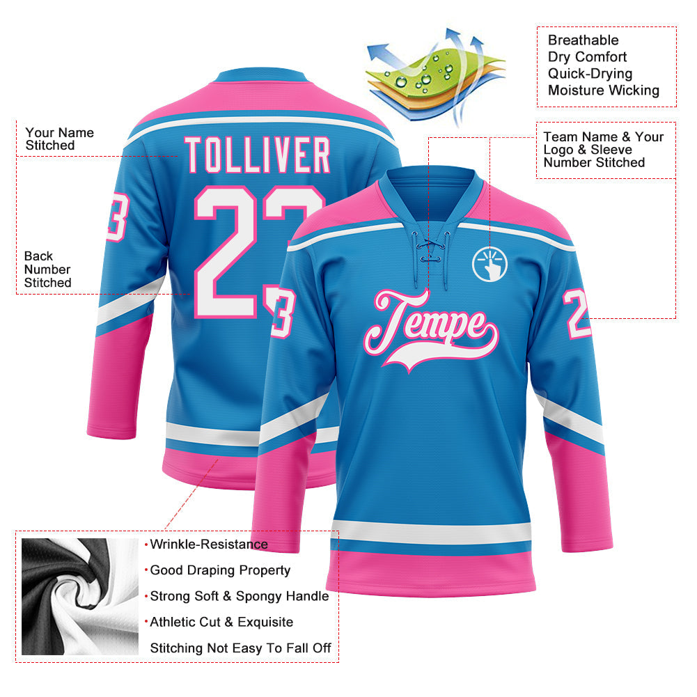 Custom Blue White-Pink Hockey Lace Neck Jersey - Sky-Custom
