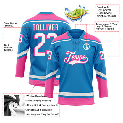 Custom Blue White-Pink Hockey Lace Neck Jersey - Sky-Custom