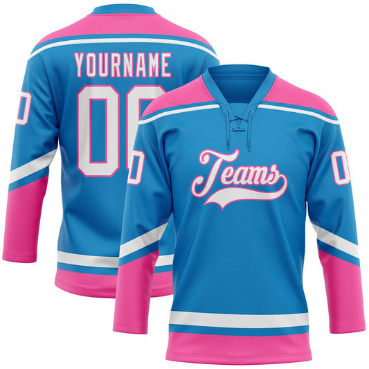 Custom Blue White-Pink Hockey Lace Neck Jersey - Sky-Custom