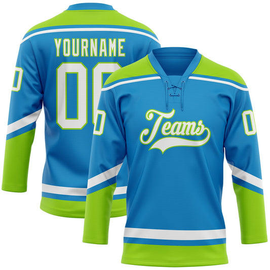 Custom Blue White-Neon Green Hockey Lace Neck Jersey - Sky-Custom