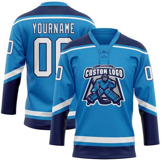 Custom Blue White-Navy Hockey Lace Neck Jersey - Sky-Custom