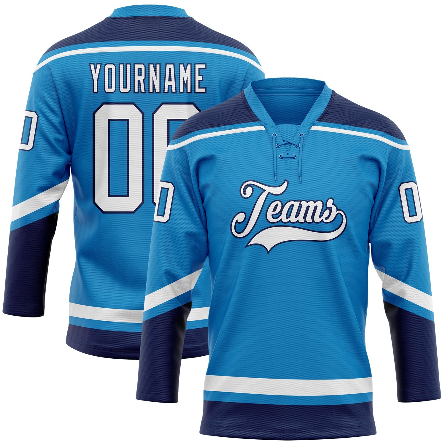 Custom Blue White-Navy Hockey Lace Neck Jersey - Sky-Custom