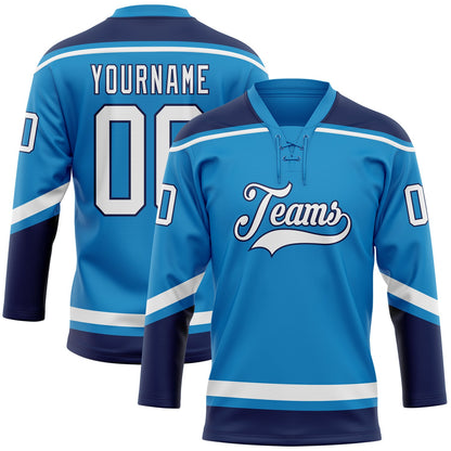 Custom Blue White-Navy Hockey Lace Neck Jersey - Sky-Custom