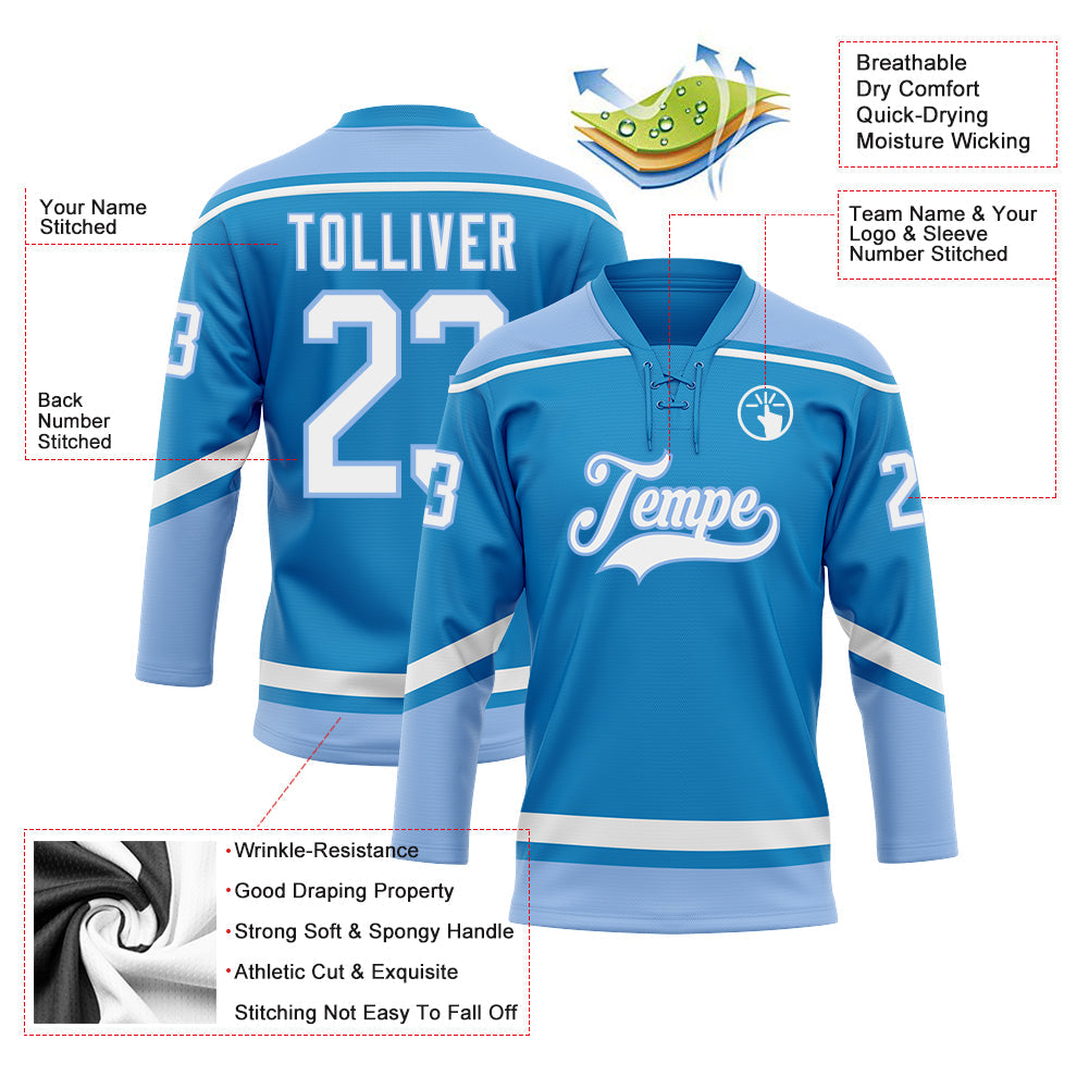 Custom Blue White-Light Blue Hockey Lace Neck Jersey - Sky-Custom