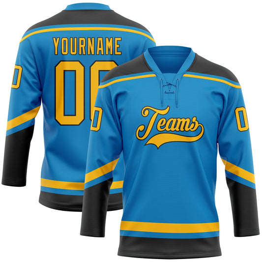 Custom Blue Gold-Black Hockey Lace Neck Jersey - Sky-Custom