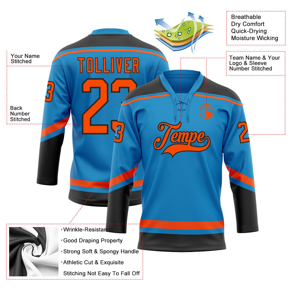 Custom Blue Orange-Black Hockey Lace Neck Jersey - Sky-Custom