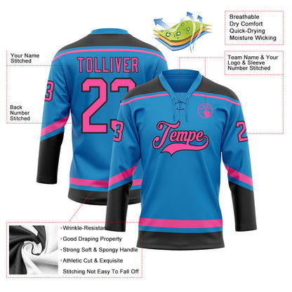 Custom Blue Pink-Black Hockey Lace Neck Jersey - Sky-Custom